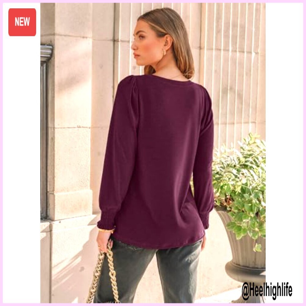 Long Sleeve Pleated Blouse Smocked Cuffs Business Casual Top Women's - Picture 4 of 7